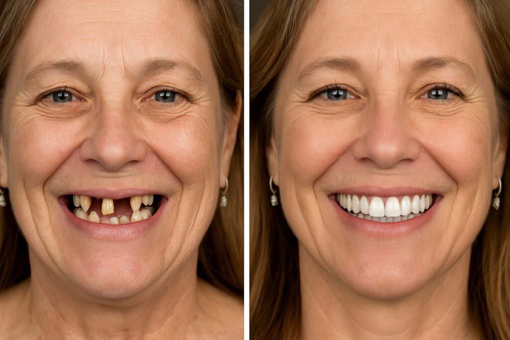 Image depicting a before-and-after transformation of a patient's smile, showcasing the transition from damaged or missing teeth to a full, vibrant set of "all new teeth" achieved through dental implants. The "after" smile should radiate confidence and health, highlighting the life-changing impact of the procedure. No text on the image.