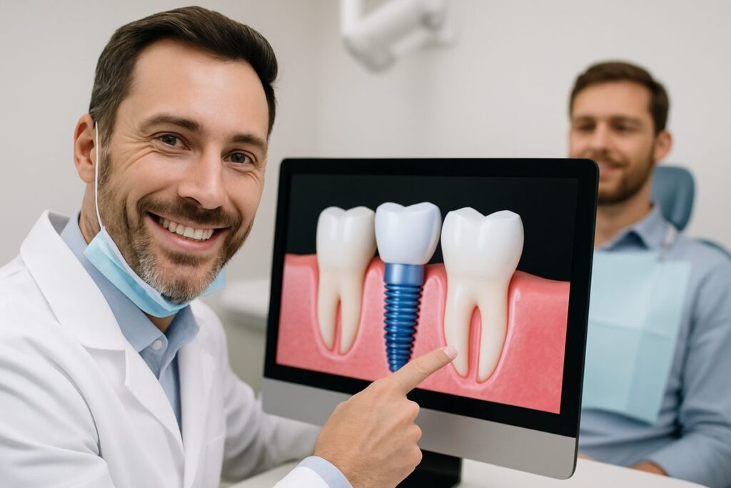 A close up of a dentist smiling and pointing to a 3D model of a dental implant on a computer screen, with a patient in the background. No text on image.