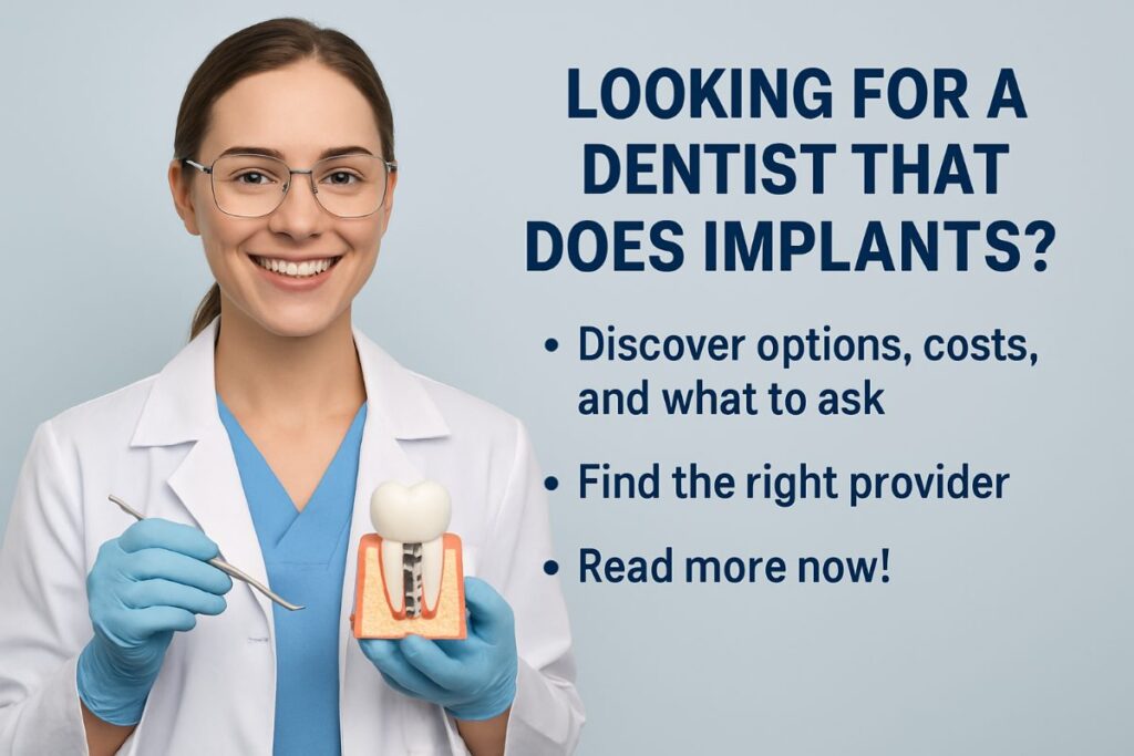 A dentist is consulting with a patient, pointing to a digital X-ray showing a dental implant placement, with the text overlay "Implants: Are They Right For You?".